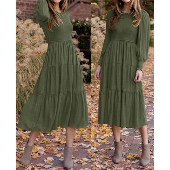 Casual Long Sleeve Crew Neck High Waist Smocked Flowy Tiered Midi Dress - Picture 9 of 14